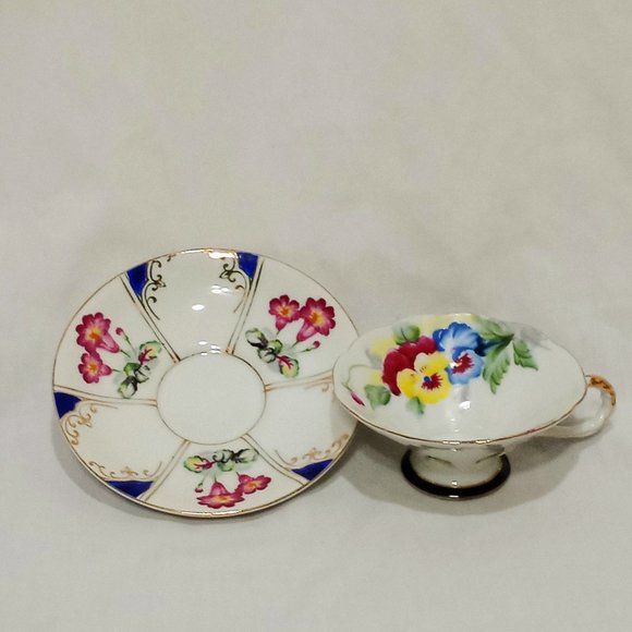 Tea Cup and Saucer Pansies Flowers Leaves UCAGCO China Made in Japan Unmatched - Picture 1 of 9